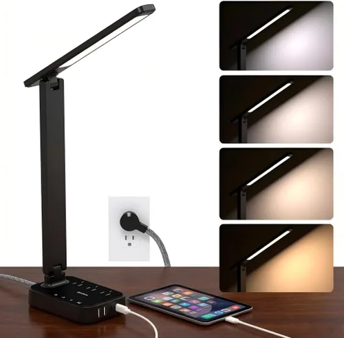 Vista 8 de Addtam Lámpara LED de escritorio, tira de alimentación con 3 tomas, 4 puertos de carga USB (2 USBC), 4 modos, lámpara táctil de 5 niveles de brillo