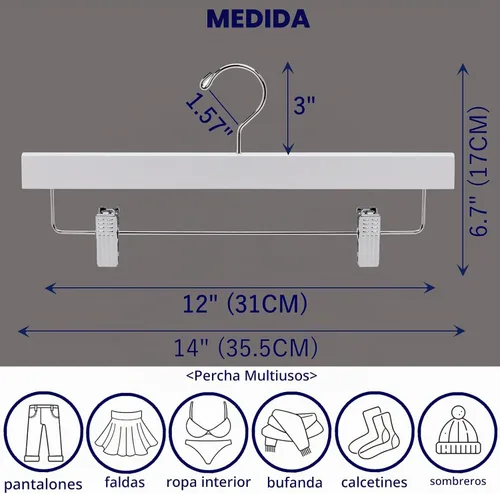 Vista 2 de Amber Home Paquete de 10 perchas de madera blanca para pantalones con 2 clips ajustables para jeans, pantalones cortos Blanco