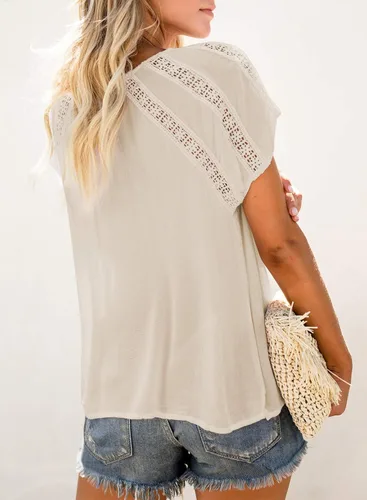 Vista 2 de Dokotoo - Blusa informal de manga corta con cuello en V de encaje de ganchillo para mujer