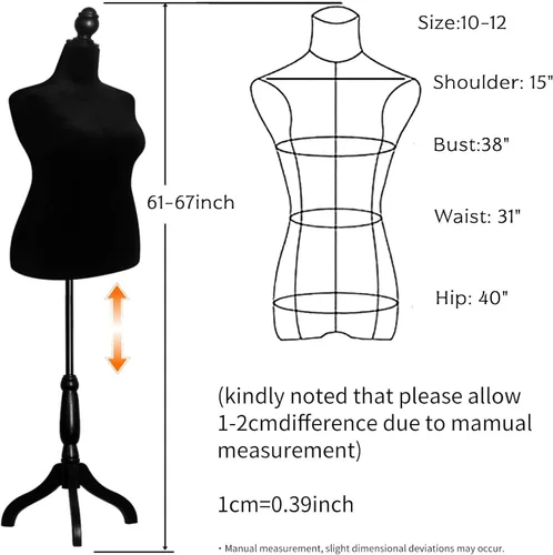 Vista 3 de Cuerpo de maniquí femenino, talla grande 10-12, vestido de maniquí femenino de altura ajustable de 61 a 67 pulgadas, cuerpo de maniquí con soporte