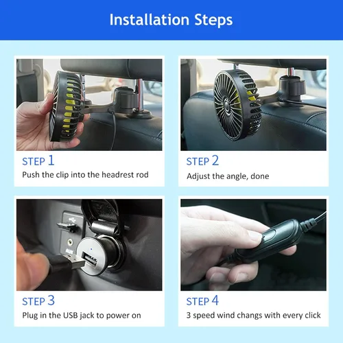 Vista 7 de Ventilador de coche alimentado por USB, ventilador portátil de refrigeración de coche de 3 velocidades, viento fuerte, ventilador de circulación