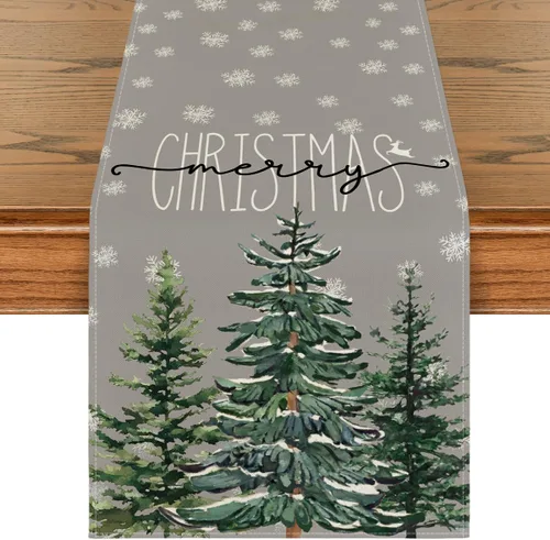 Vista 9 de Artoid Mode - Camino de mesa beige con diseño de árbol de pino y copos de nieve, «Feliz Navidad», decoración de mesa de comedor para fiestas
