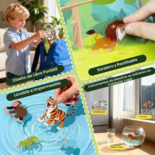 Vista 3 de Libro de calcomanías reutilizables de animales para niños pequeños, calcomanías 3D divertidas de gelatina de animales, calcomanías lavables