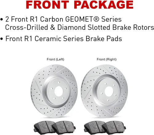 Vista 6 de R1 Concepts Rotores de freno ranurados perforados delanteros Sensor incluido Kit de pastillas de freno y rotores de cerámica Compatible