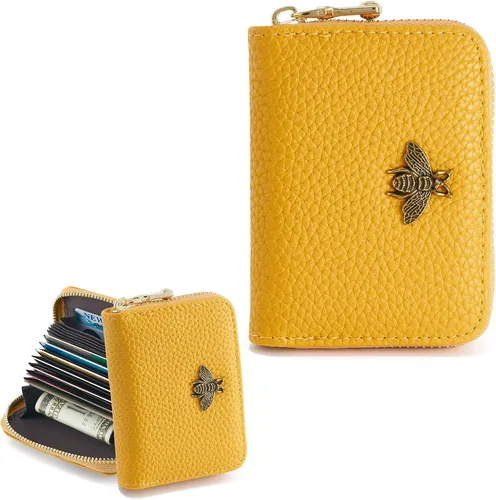 Vista 7 de WOZEAH Billetera pequeña para mujeres con bloqueo RFID, cartera para tarjetas de crédito, cartera de acordeón de cuero con cremallera, Negro