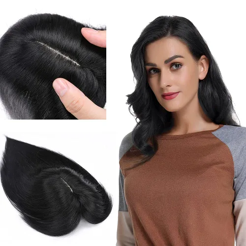 Vista 21 de MY-LADY Top Hairpieces para mujer con flequillo, base mono natural, 100% cabello humano real, clip en pieza de cabello lacio en medio para pérdida