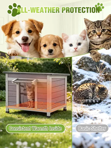 Vista 6 de Casa climatizada para gatos al aire libre con forro aislante, refugio impermeable para gatos Solid Fir Timber Stray Kitty Habitat With Removable