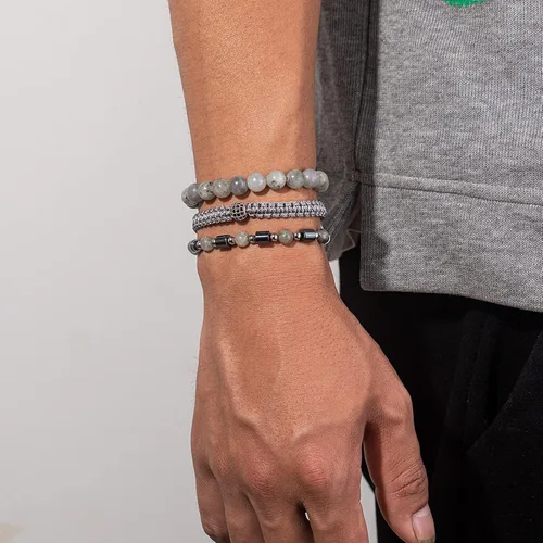 Vista 4 de Juego de pulseras de cuentas para hombre de 0.315 in y 0.157 in de piedras preciosas curativas trenzadas con dije de circonita cúbica, pulsera