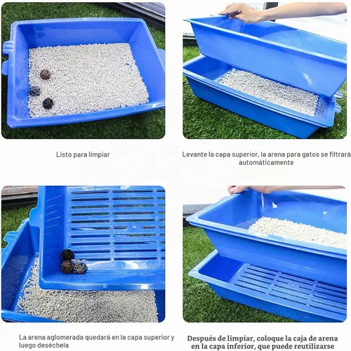 Vista 4 de Caja de arena para gatos con 3 bandejas de tamizar, autolimpiante, reutilizable, sin cucharada, fácil de limpiar para gatos