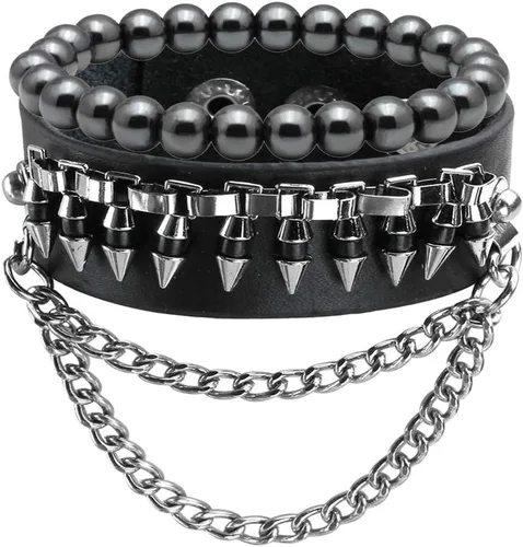 Vista 6 de Eigso Pulseras de cuero punk para hombres y mujeres, estilo retro de los años 80, hematita y rock, juego de pulseras de metal ajustables para hombre