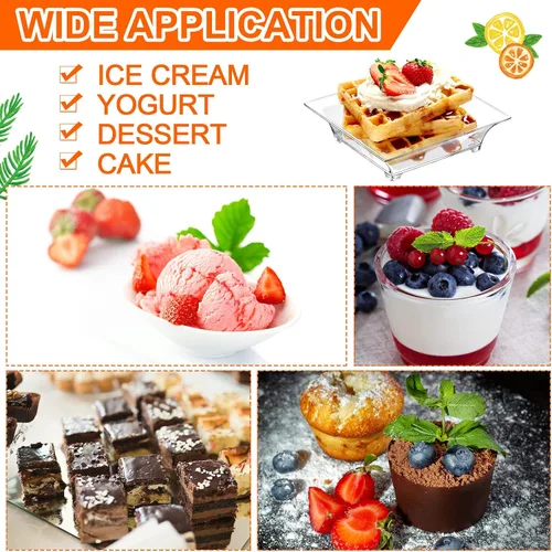 Vista 3 de Meanplan Paquete de 300 mini platos desechables de plástico transparente para postre con 150 tenedores de plástico y 150 cucharas para platos