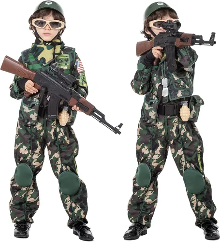 Vista 2 de JAZGROM Disfraz del ejército para niños, disfraz de camuflaje de lujo, juego de rol para niños