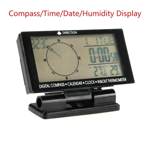 Vista 4 de Termómetro digital para coche negro con retroiluminación azul brújula reloj con LCD grande 3.9 pulgadas