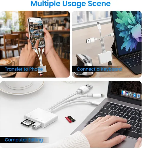 Vista 9 de Lector de tarjetas SD para iPhone, iPad, Mac, USB-C, Lightning y USB-A 3 en 1, adaptador MicroSD/SD, lector de tarjetas de memoria USB C Plug & Play