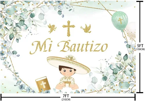 Vista 5 de AIBIIN Telón de fondo Mi Bautizo de 7 x 5 pies para niño, verde, eucalipto, ángel, fotografía, fondo, primera comunión, bautizo, suministros