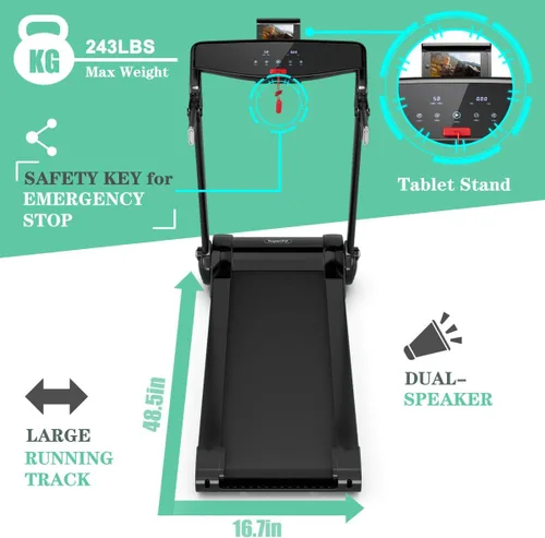 Vista 5 de Cinta de correr plegable motorizada 3.0HP, cintas de correr portátiles con pantalla digital HD, altavoz de dientes azules y control de aplicación