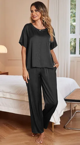 Vista 2 de Ekouaer - Conjunto de pijama de satén sedoso para mujer, camiseta de manga corta con pantalón largo, conjunto de pijama suave para el descanso