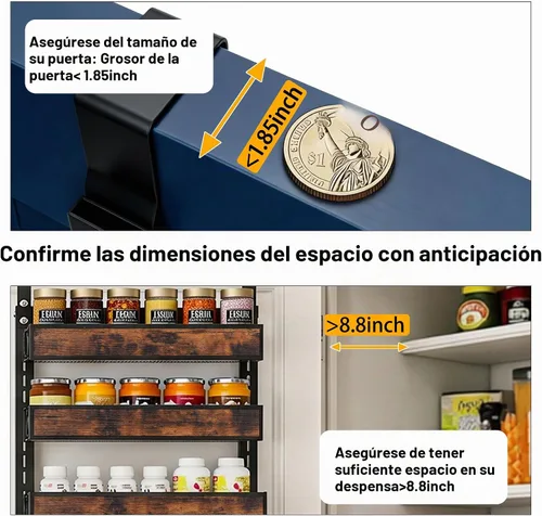 Vista 3 de Orangizer 2 en 1 de 8 niveles para colgar o colgar en la pared con cesta de madera ajustable, estante de almacenamiento de condimentos resistente
