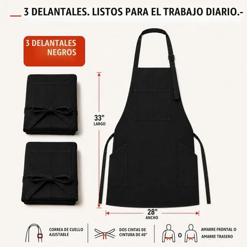 Vista 8 de SHEOMERN The Organizer Apron, 4-Pocket Design, 3 Pack, Unisex Black Kitchen Work Apron for Men and Women