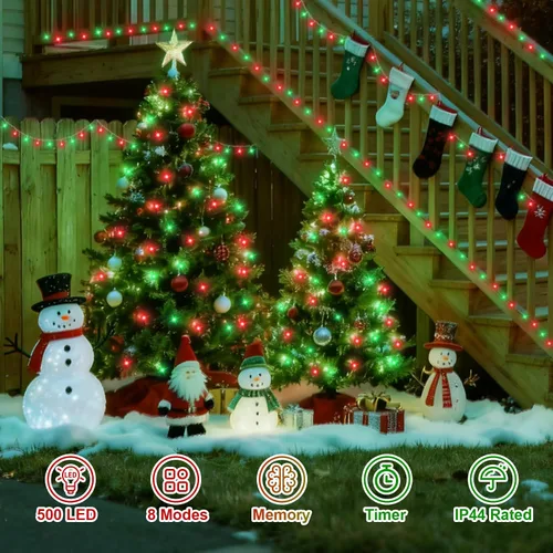 Vista 7 de QITONG Tira de luces rojas y verdes para exteriores, 165 pies, 500 luces LED de alambre transparente de Navidad para interiores, 8 modos de luz