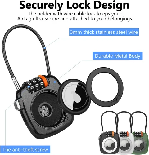 Vista 5 de Compatible con Apple AirTag Secure Lock con cable de alambre, candados de equipaje combinados de 3 dígitos, cuerpo de aleación ultra duradero, funda