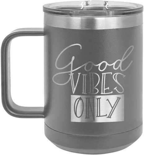 Vista 13 de Good VIBES SOLO Taza de café de 15 oz con tapa superior deslizante Taza de café de viaje aislado Ideas de regalo de cumpleaños o Navidad de Negro
