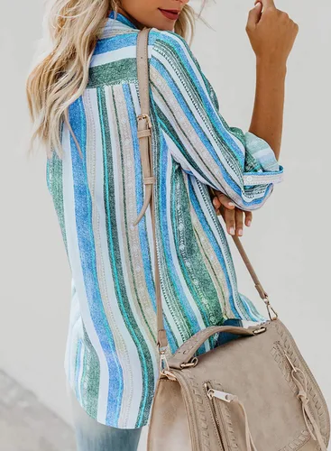 Vista 5 de Astylish - Blusa con cuello en V, rayas, mangas enrollables y botones para mujer