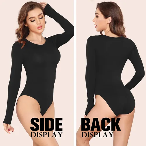 Vista 4 de LAOLASI Body de manga larga con cuello redondo para mujer, ajustado, básico, extensor