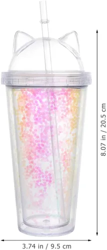 Vista 2 de UPKOCH Vaso de agua de doble pared con forma de oreja de gato, vaso de paja de plástico con lentejuelas, elegante botella de bebida reutilizable