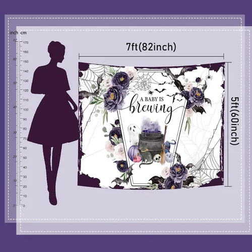 Vista 5 de Mocsicka Telón de fondo de Halloween para baby shower con texto en inglés "A Baby is Brewing Baby Shower Party Decoartion Ataúd Ataúd Vampiro