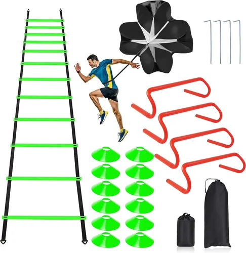 Vista 7 de Juego de Equipo de Entrenamiento de Velocidad y Agilidad, Incluye Escalera de Agilidad de 20 pies con 12 peldaños, 4 Obstáculos de Agilidad, 12