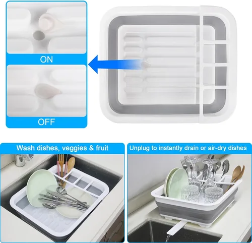 Vista 6 de Escurridor de platos plegable con tubo de tapón de drenaje, escurreplatos portátiles para encimera de cocina, estante plegable para secar platos