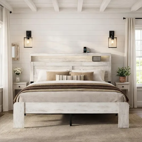 Vista 11 de Marco de cama de madera tamaño King con cabecera, base de cama de plataforma estilo granja rústica con soporte de listones de madera, resistente