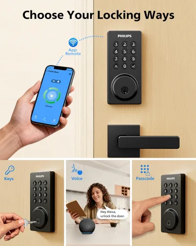 Vista 3 de Philips Cerradura de puerta inteligente WiFi con asa, control remoto con aplicación WiFi integrada, cerraduras de puerta de entrada sin llave