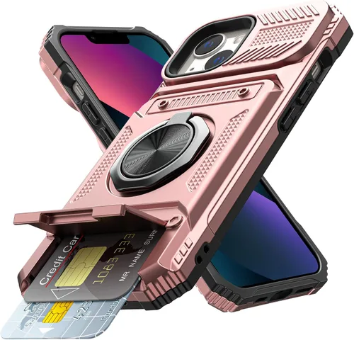 Vista 9 de Vofolen - Funda tipo cartera para iPhone 13 con tarjetero [tienda de 2 tarjetas], color negro 360°Magnetic Ring Stand Dual Layer Heavy Duty