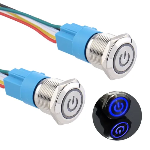 Vista 12 de 2 piezas de interruptor de botón de metal de cierre de 16 mm, 12V-24V, encendido/apagado, 1NO 1NC, impermeable, autoblocante, carcasa plateada
