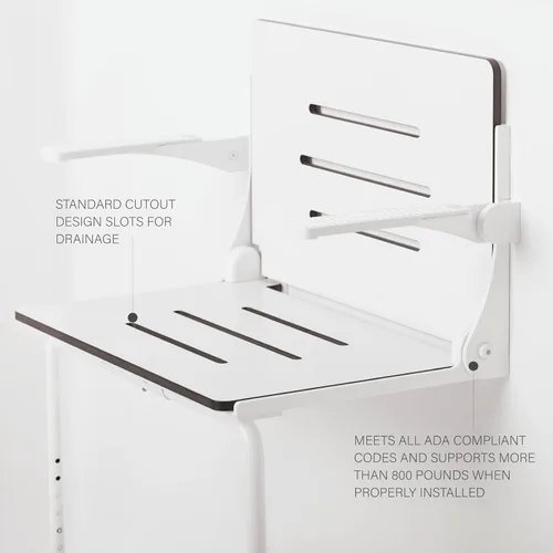 Vista 3 de Seachrome Silhouette Comfort Plus Asiento plegable resistente para ducha de montaje en pared con reposabrazos y patas, asiento blanco con marco