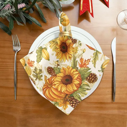 Vista 2 de MNSRUU Juego de 4 servilletas de tela para otoño, otoño, Acción de Gracias, calabaza, girasol, lavable, poliéster, cocina, servilletas de tela