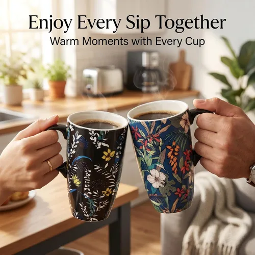 Vista 8 de DUSVALLY Juego de 2 tazas de viaje de cerámica con tapas, juego de tazas florales grandes de 17 onzas con asas, aptas para microondas