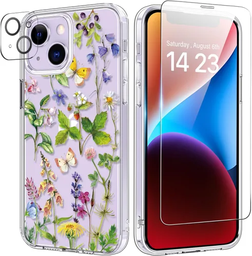 Vista 61 de bicol Funda para iPhone 14 Plus con Protector de Pantalla y Lente de Cámara - Diseños Florales de Moda para Mujeres y Niñas - Funda Transparente