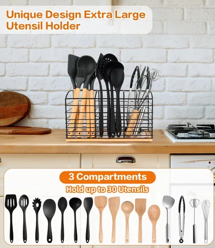 Vista 3 de Soporte grande para utensilios de cocina, 11.8 x 6.7 x 4.7 pulgadas, diseño estético de 3 compartimentos, organizador de utensilios de cocina