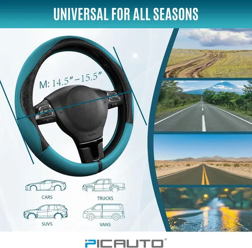 Vista 7 de PIC AUTO Funda para volante, diseño de retazos de cuero negro estampado y azul, ajuste universal de 14.5 a 15.5 pulgadas, antideslizante, sin olor