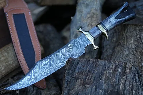Vista 7 de Noon Knives: Cuchillo Bowie coleccionable de acero de Damasco hecho a mano, mango de hueso de camello (negro)