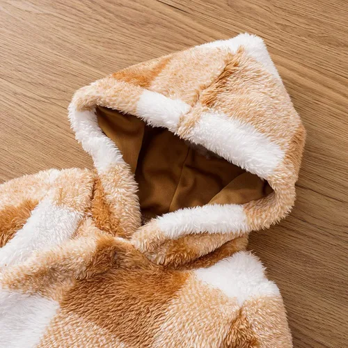 Vista 4 de MIEKISA Mameluco peludo a cuadros con capucha para bebés, niños y niñas, otoño e invierno