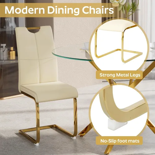 Vista 4 de Juego de sillas de comedor modernas (2 unidades) de piel sintética PU con respaldo alto tapizadas con patas doradas de metal para cocina y comedor