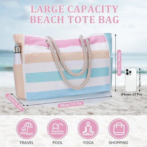 Vista 6 de Elegante bolsa de playa impermeable para mujer, cierre de cremallera de gran capacidad con correas de hombro de cuerda