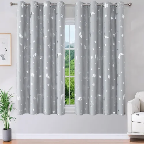 Vista 15 de WUBODTI Cortinas grises 100% opacas con diseño de estrellas para habitación de niños, 45 pulgadas de largo, juego de 2 paneles de cortinas