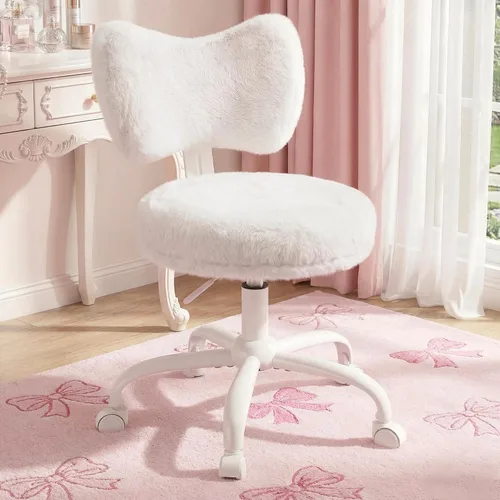 Vista 12 de Homkdom Silla de tocador con ruedas, bonita silla de escritorio con respaldo de lazo, silla de oficina pequeña de piel de conejo sintética esponjosa