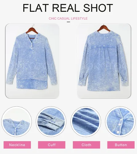 Vista 5 de Dokotoo Camisas de manga larga con cuello en V y botones para mujer, blusas lisas de gran