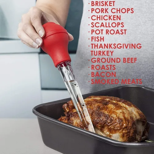 Vista 3 de KAYCROWN Turkey Baster - Bombilla de silicona de calidad comercial que incluye 2 agujas inyectoras de adobo de carne con cepillo de barbacoa y Rojo
